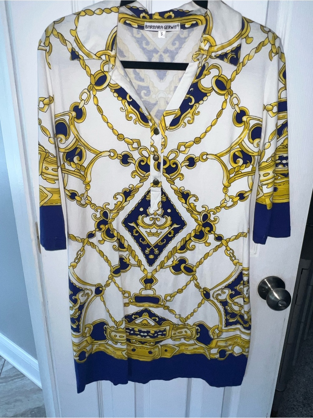 Barbara Gerwit White & Gold Chain-Print Midi Dress.